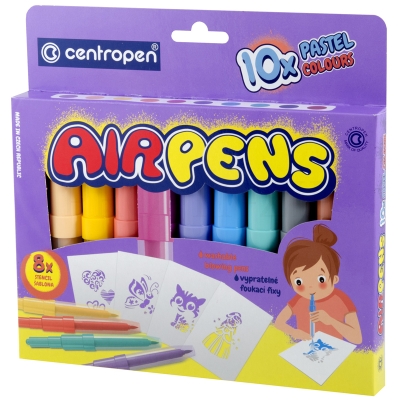 Фломастеры воздушные Centropen "AirPens Pastel", 10цв.+8 трафаретов. упаковка