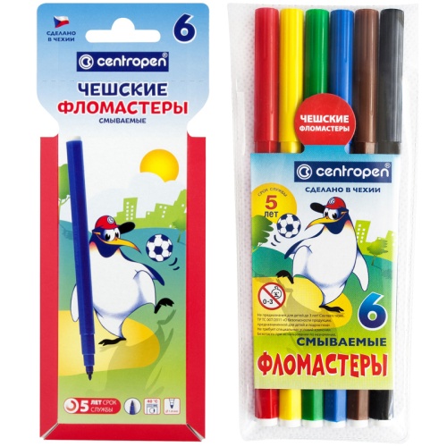Фломастеры Centropen "Пингвины", 06цв., смываемые