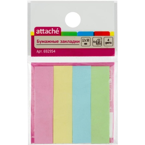 Клейкие закладки Attache бумажные 4 цвета по 25 листов 12х50 мм