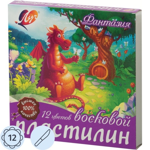 Пластилин Луч "Фантазия", 12 цветов, 210г, восковой, со стеком, картон