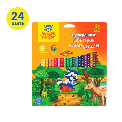 Карандаши цветные Мульти-Пульти "Енот-следопыт", 24цв., трехгр.,рисунок на корпусе, заточен., картон Карандаши цветные Мульти-Пульти "Енот-следопыт", 24цв., трехгр.,рисунок на корпусе, заточен., картон
