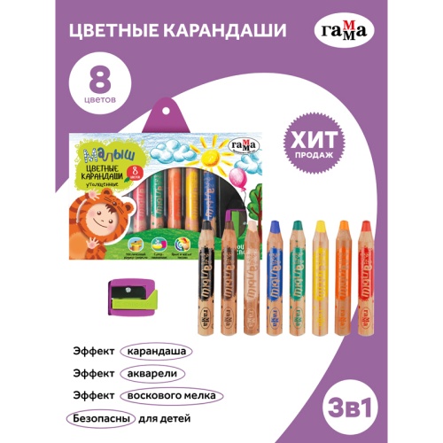 Карандаши цветные Гамма "Малыш", 08цв., утолщенные, заточен., с точилкой, картон. упаковка, европодв