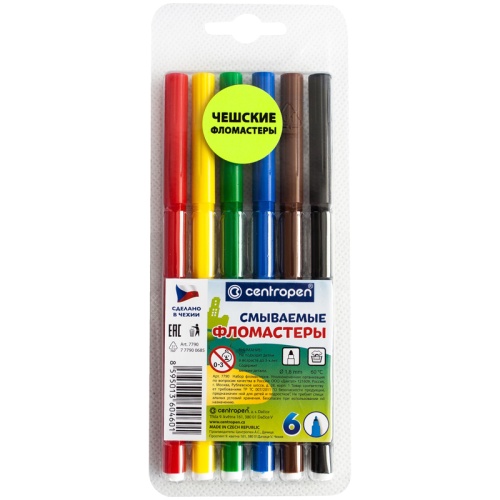 Фломастеры Centropen "Washable", 06цв., смываемые