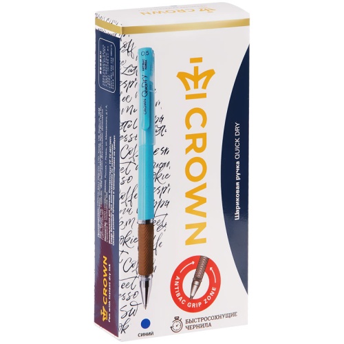 Ручка гелевая Crown "Quick Dry" с быстросохнущими чернилами и антибактериальным грипом, синяя, 0,5мм