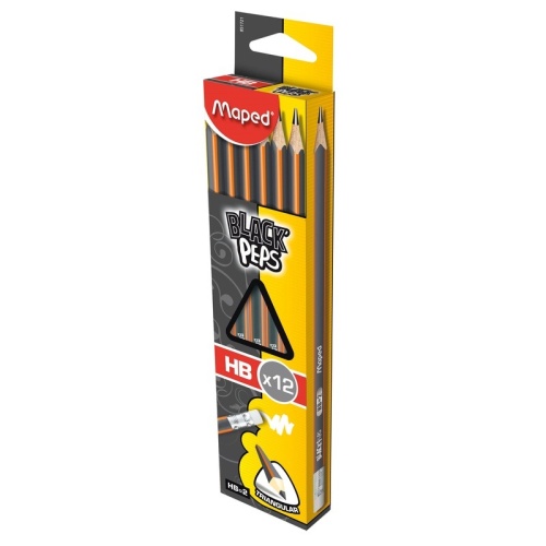 Карандаш чернографитный HB с ластиком Maped Black Pep's заточенный трехгранный