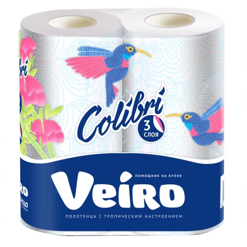 Полотенца бумажные в рулонах Veiro "Colibri", 3-слойные, 13,5м/рул., тиснение, белые, 2шт. 8п32 8п32
