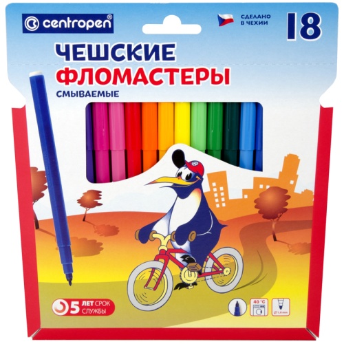 Фломастеры Centropen "Пингвины", 18цв., смываемые
