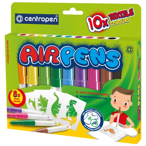 Фломастеры воздушные Centropen "AirPens Textile", 10цв.+8 трафаретов. упаковка