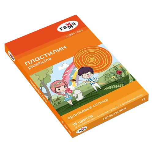 Пластилин Гамма "Оранжевое солнце", 18 цветов (6 классич., 6 флуор., 6 перл.), 234г, со стеком, карт