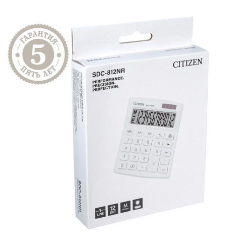 Калькулятор настольный Citizen SDC-812NR-WH, 12 разрядов, двойное питание, 102*124*25мм, белый