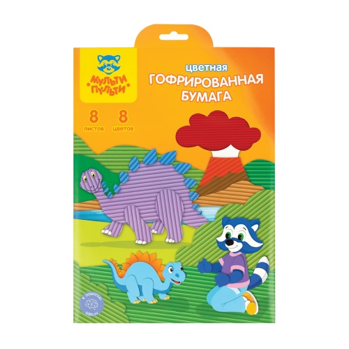 Цветная бумага гофрированная А4, Мульти-Пульти, 8л., 8цв., в папке с европодвесом, "Приключения Енот