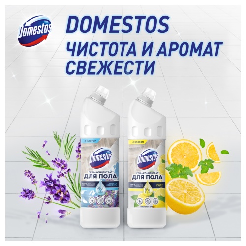 Средство для мытья полов Domestos "Чистота и блеск. Лимон и мята", гель, концентрат, с хлором, 1л Средство для мытья полов Domestos "Чистота и блеск. Лимон и мята", гель, концентрат, с хлором, 1л