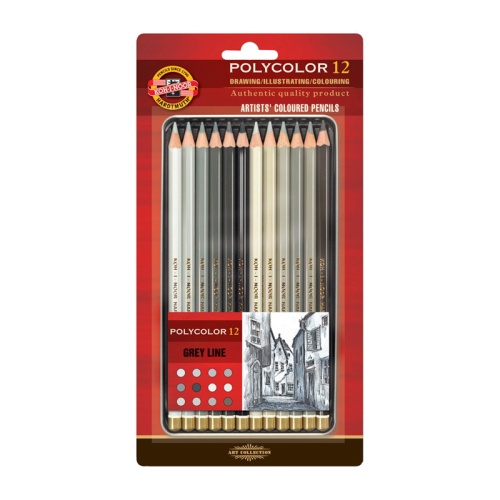 Карандаши цветные художественные Koh-I-Noor "Polycolor Grey Line", 12цв., заточен., металл. пенал, б
