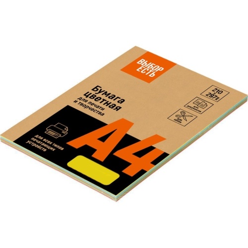 Бумага цветная для печати 5 цветов интенсив (А4, 80 г/кв.м, 100 листов) Выбор есть