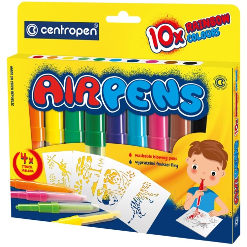 Фломастеры воздушные Centropen "AirPens Rainbow", 10цв.+4 трафарета. упаковка