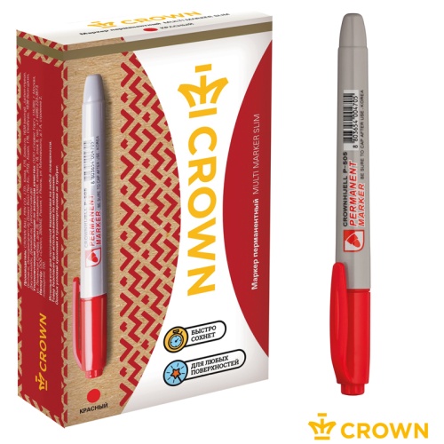 Маркер перманентный Crown "Multi Marker Slim" красный, пулевидный, 2мм