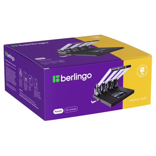 Дырокол мощный на четыре отверстия Berlingo "Heavy Duty" 150л., черный, с линейкой