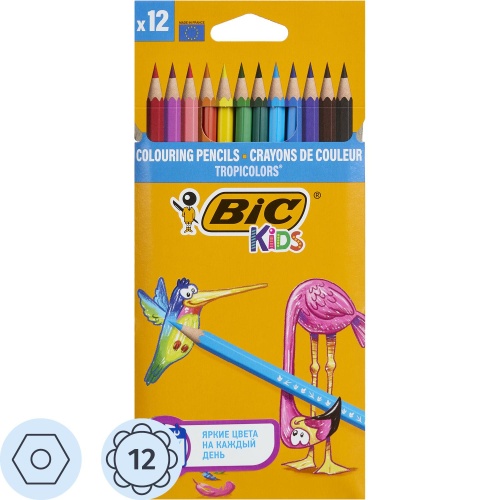 Карандаши цветные BIC Tropicolors 12 карандашей 12 цветов шестигранные