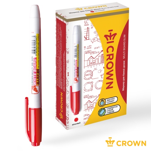 Маркер для белых досок Crown "Multi Board Slim" красный, пулевидный, 2мм