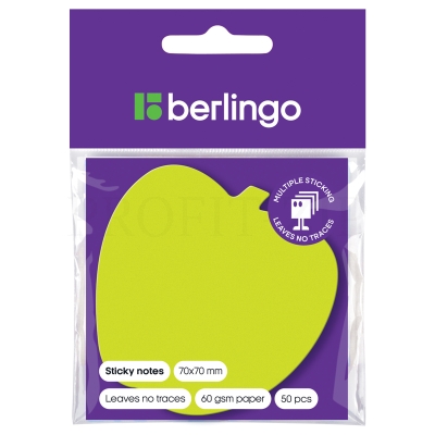 Самоклеящийся блок фигурный Berlingo "Яблоко", 70*70мм, 50л., зеленый неон, LSz_76014