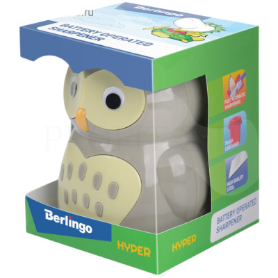 Точилка электрическая детская Berlingo "Owl", 1 отверстие, с контейнером, картон. уп.