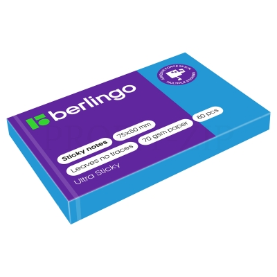 Самоклеящийся блок Berlingo "Ultra Sticky", 50*75мм, 80л., синий неон LSn_39412