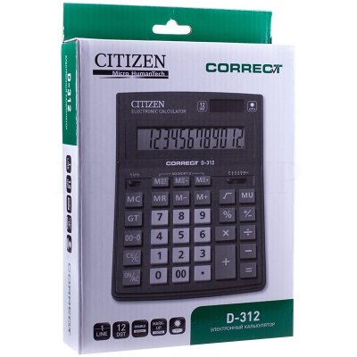Калькулятор настольный Citizen Correct D, 12 разр., двойное питание, 155*205*28мм, черный
