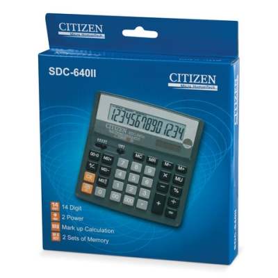 Калькулятор настольный Citizen SDC-640II, 14 разр., двойное питание, 156*159*32мм, серый