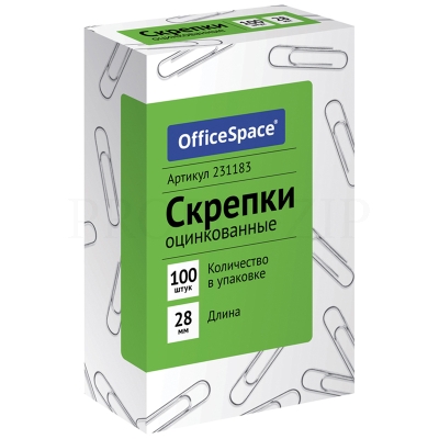 Скрепки 28 мм, OfficeSpace, 100шт., оцинкованные, карт. упаковка