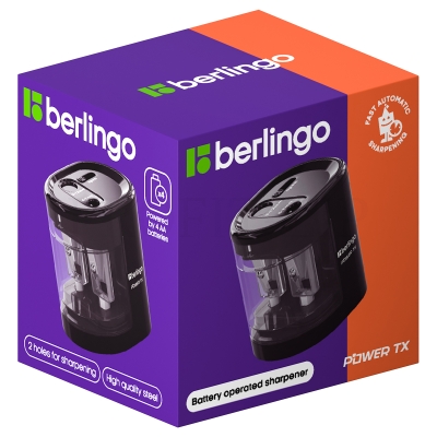 Точилка электрическая Berlingo "Power TX" 2 отверстия, черная, с контейнером, BEs_37001