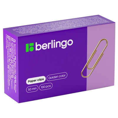 Скрепки 50 мм, Berlingo, 100шт., золотистые, карт. упаковка