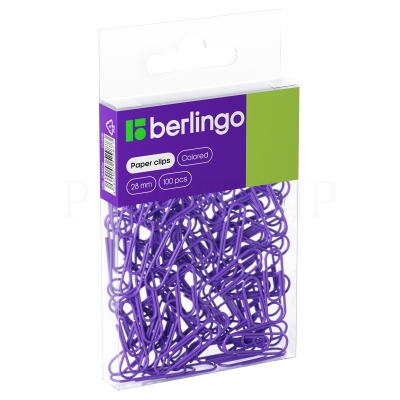 Скрепки 28 мм, Berlingo, 100шт., цветные, ПВХ упак., европодвес, фиолетовые