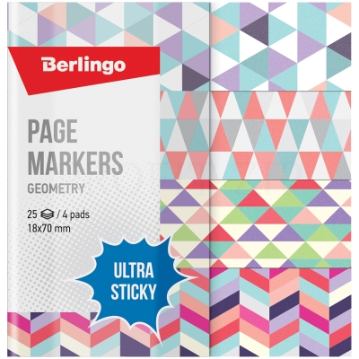 Флажки-закладки Berlingo "Ultra Sticky" "Geometry", 18*70мм, бумажные, в книжке, с дизайном, 25л*4 б