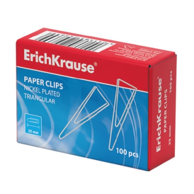 Скрепки 25 мм, Erich Krause, 100шт., никелированные треугольные, 24869