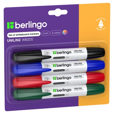 Набор маркеров для белых досок Berlingo "Uniline WB200" 04цв., пулевидный, 2мм