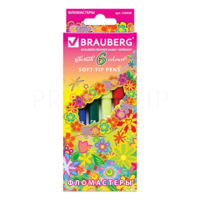 Фломастеры BRAUBERG "Blooming flowers", 6 цветов, вентилируемый колпачок