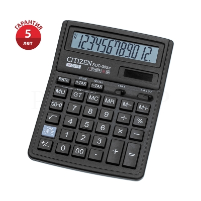 Калькулятор CITIZEN настольный SDC-382II, 12 разрядов, двойное питание, 190х136 мм