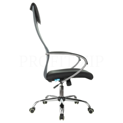 Кресло руководителя Helmi HL-E87, CH, спинка сетка серая/экокожа, сиденье ткань черная, хром, механи